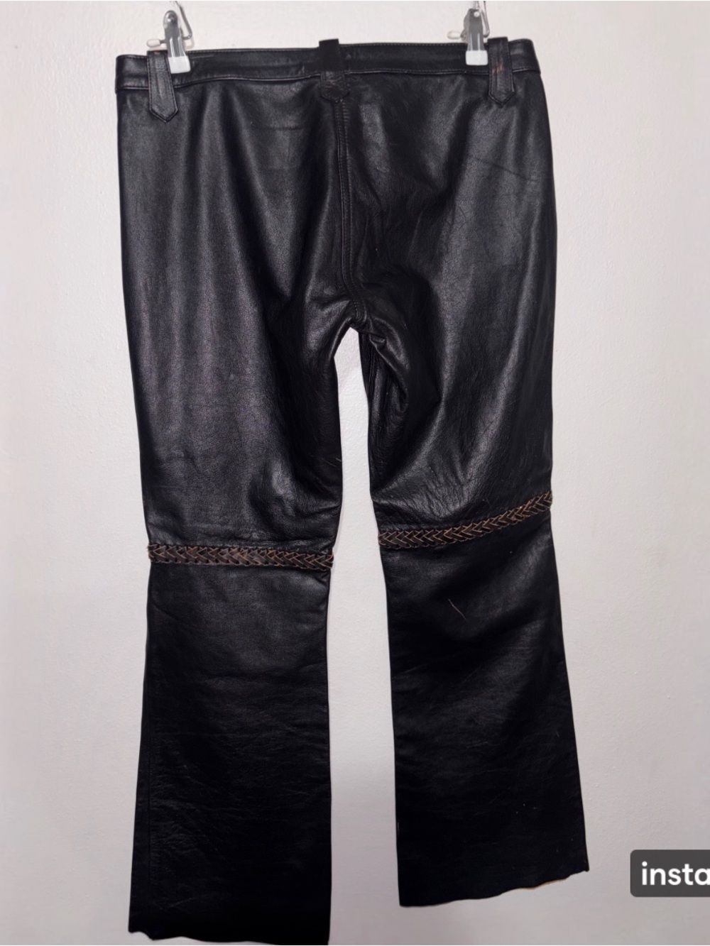 Tommy Hilfiger Black Leather Flared Pants with Braided Trim